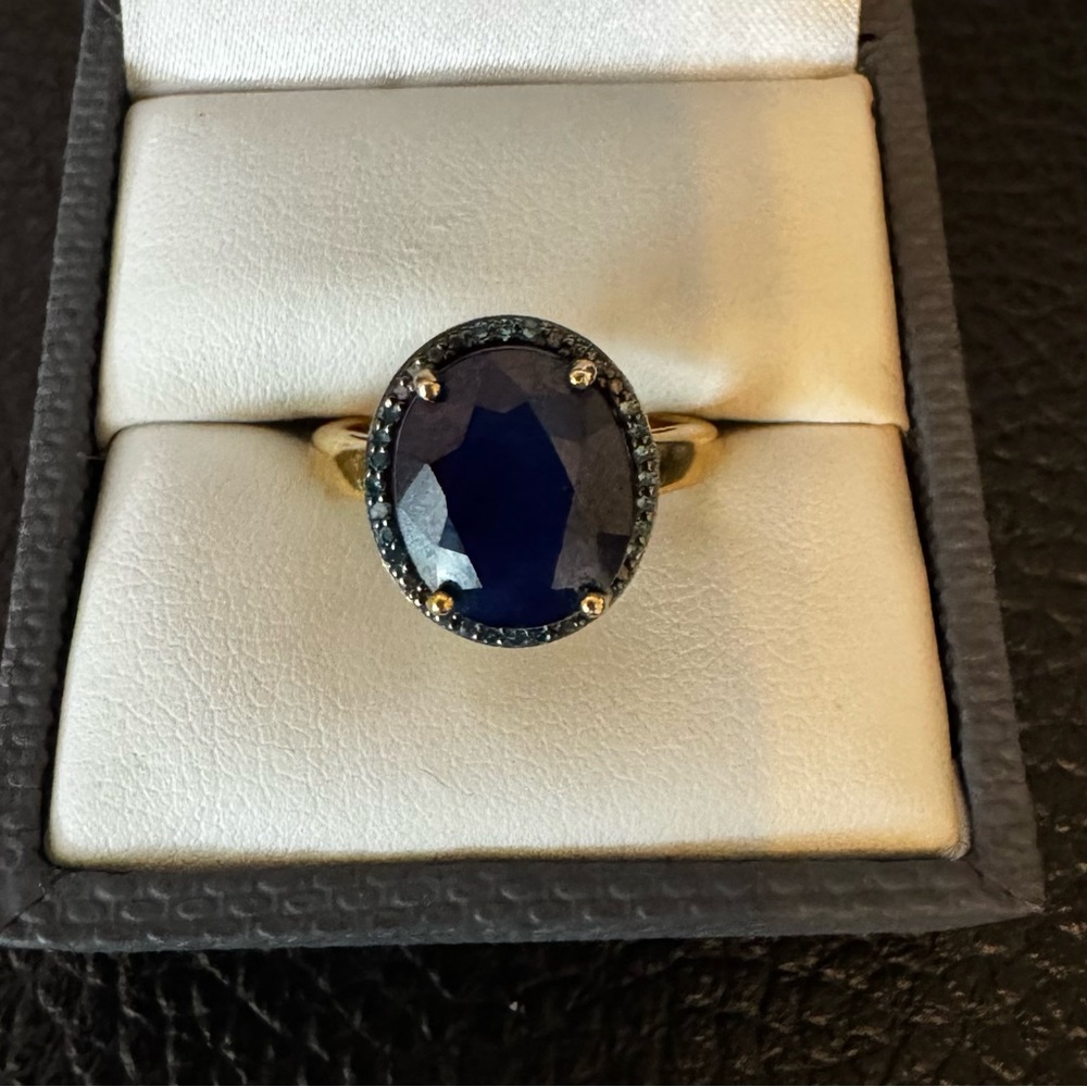 Oval blue sapphire w/blue diamond  accent 18K yellow gold over sterling. Sz 7.